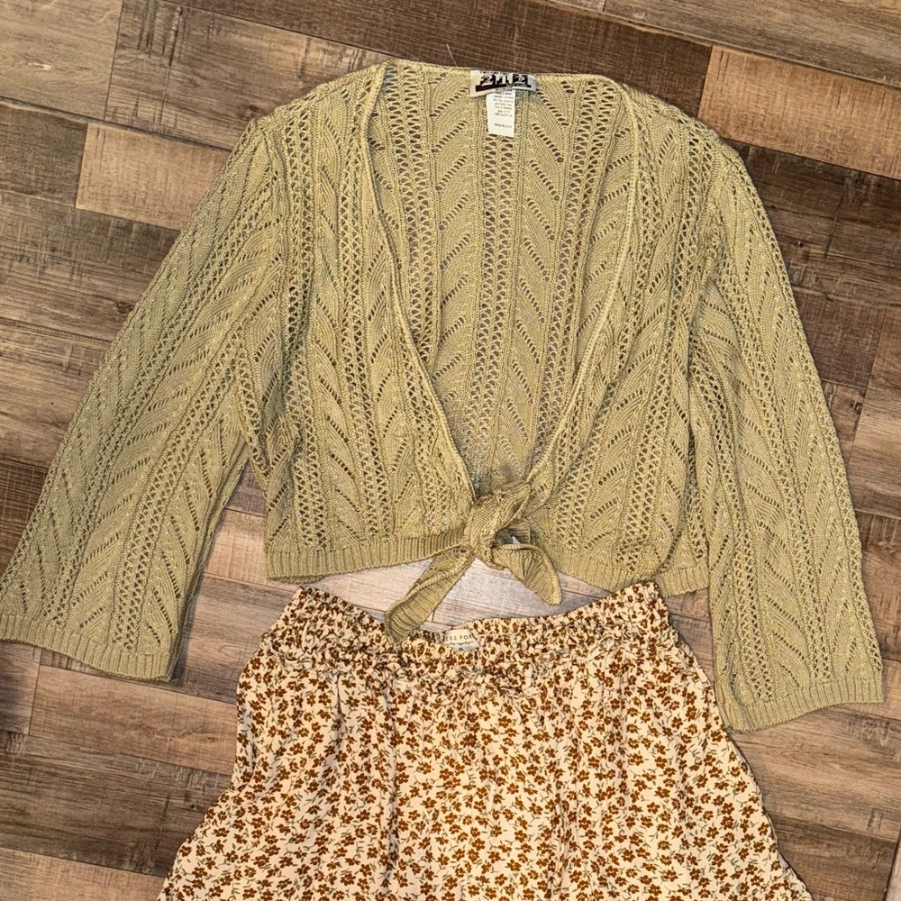 212 New York Vintage Tan Crochet Tie Bust Bell Sleeve Cropped Cardigan Large